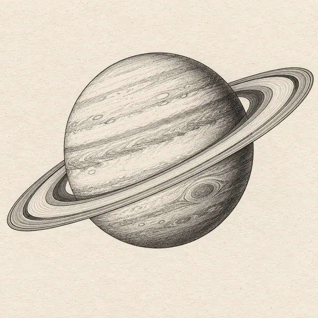 Saturn drawn in black and gray fineliner on pale cream textured sketchbook paper, with a complete silhouette and open margins.