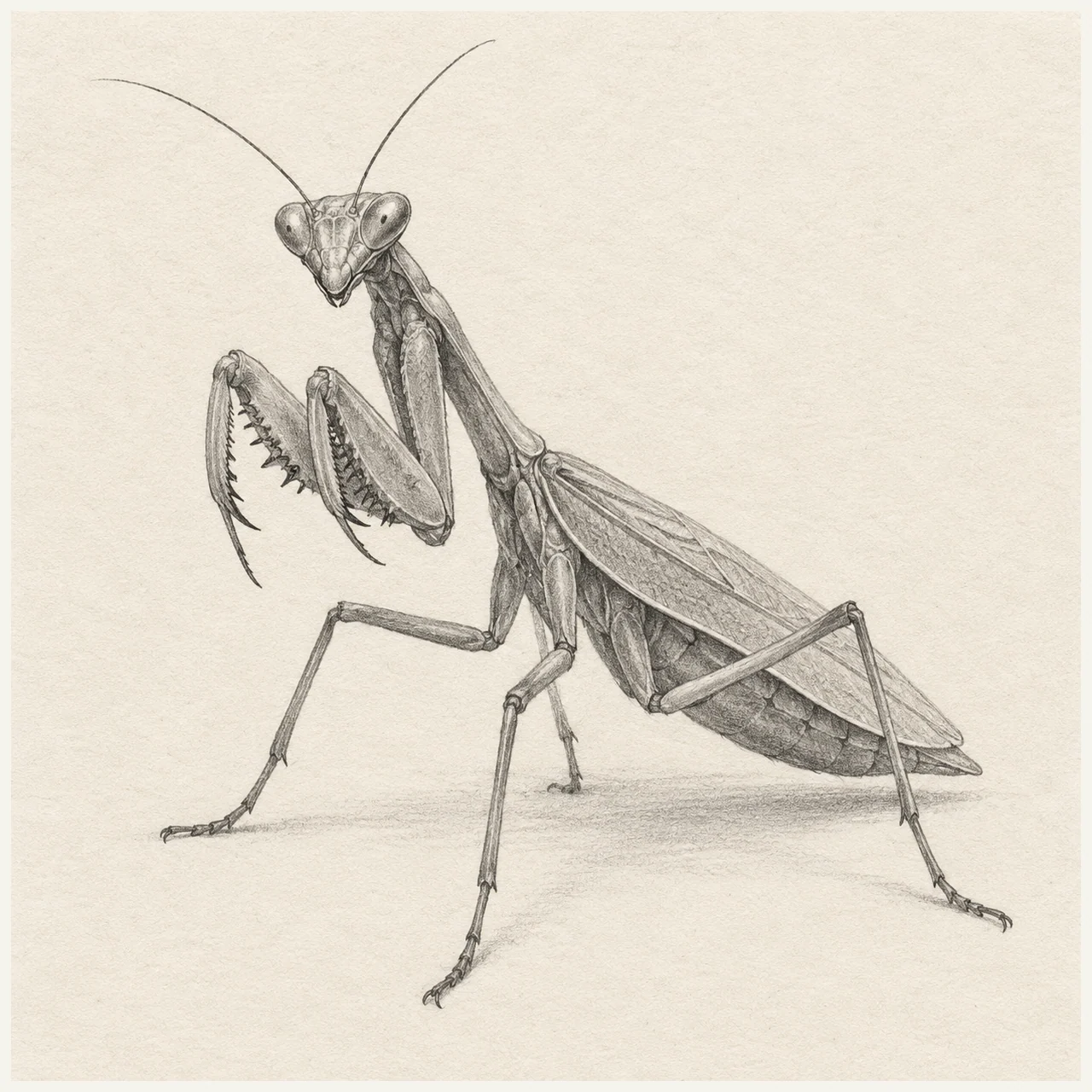 Detailed pencil drawing of a praying mantis with folded grasping forelegs, four walking legs, and veined wings on textured paper.