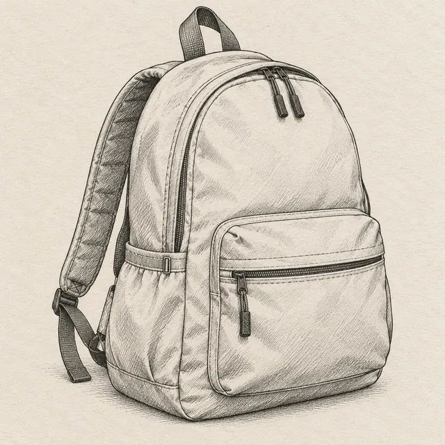 One closed backpack in three-quarter view, rounded main body, front pocket, top loop and a visible side strap. Black and gray fineliner drawing on warm textured sketchbook paper.