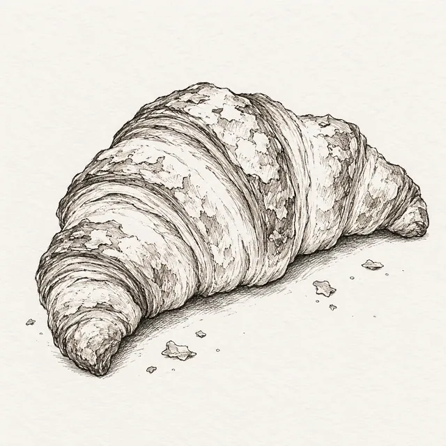A graphite pencil drawing of a flaky croissant with curved pastry layers and a few crumbs.