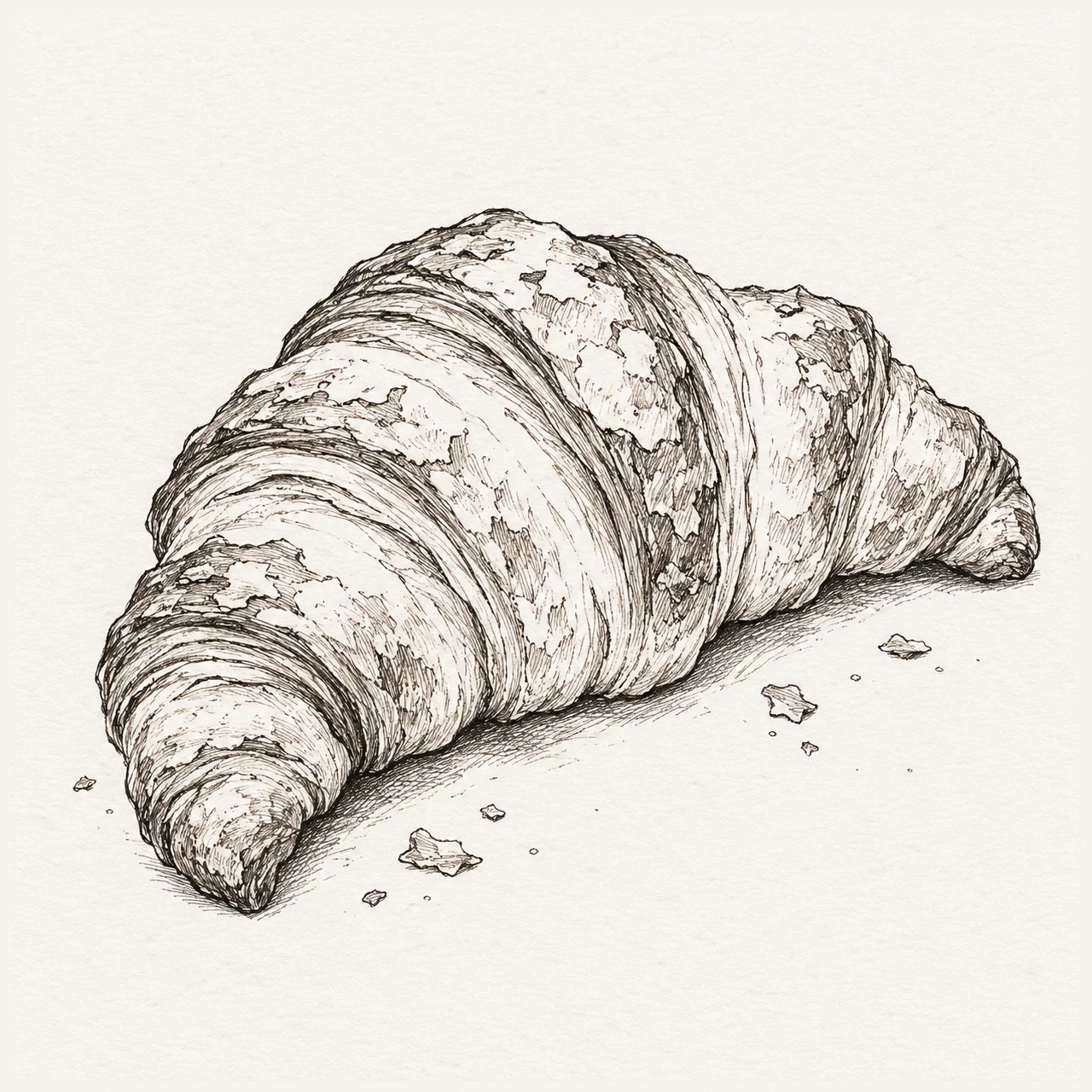 A graphite pencil drawing of a flaky croissant with curved pastry layers and a few crumbs.