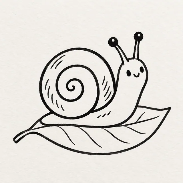 A tiny garden snail with a spiral shell and two antennae on a leaf, drawn in black marker.