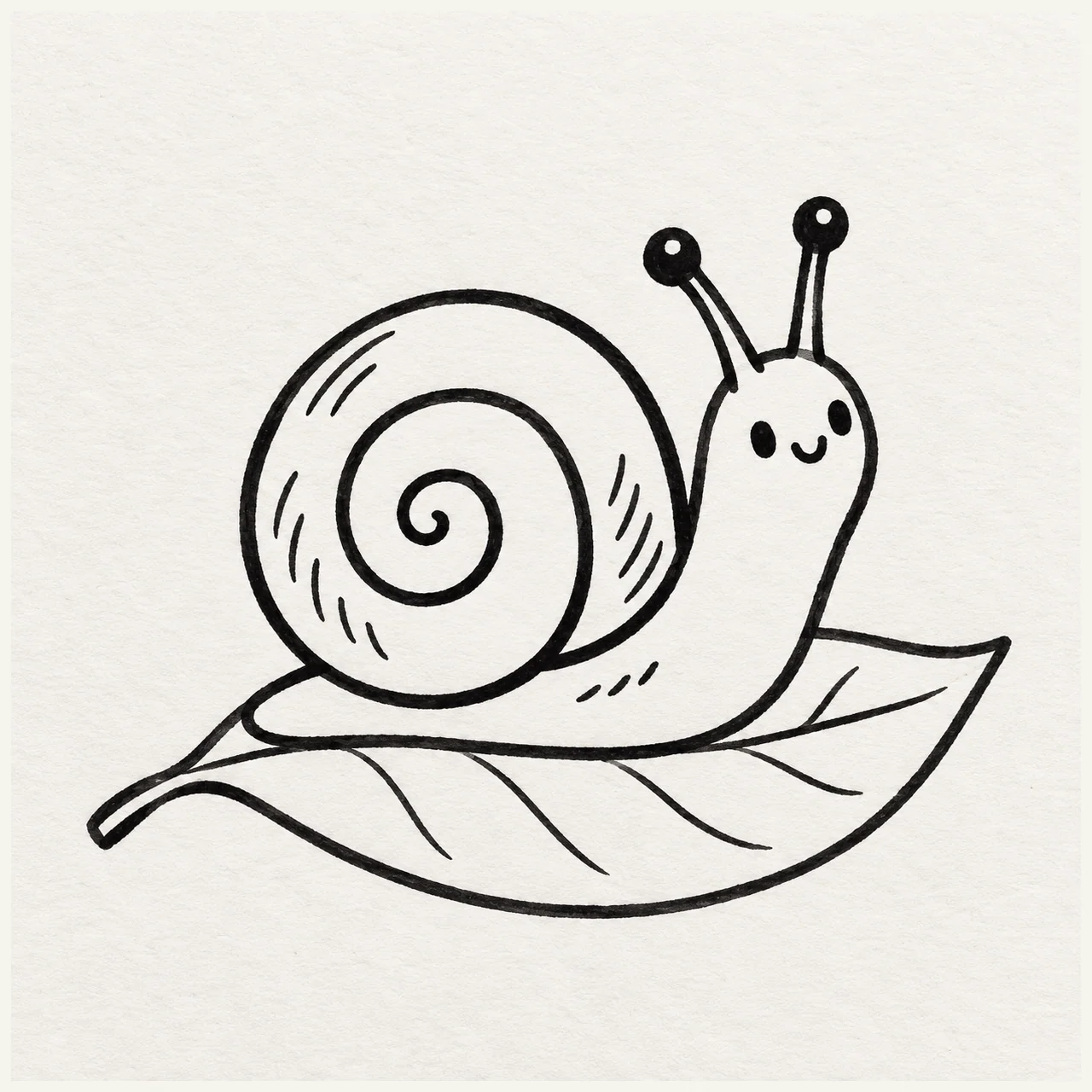 A tiny garden snail with a spiral shell and two antennae on a leaf, drawn in black marker.