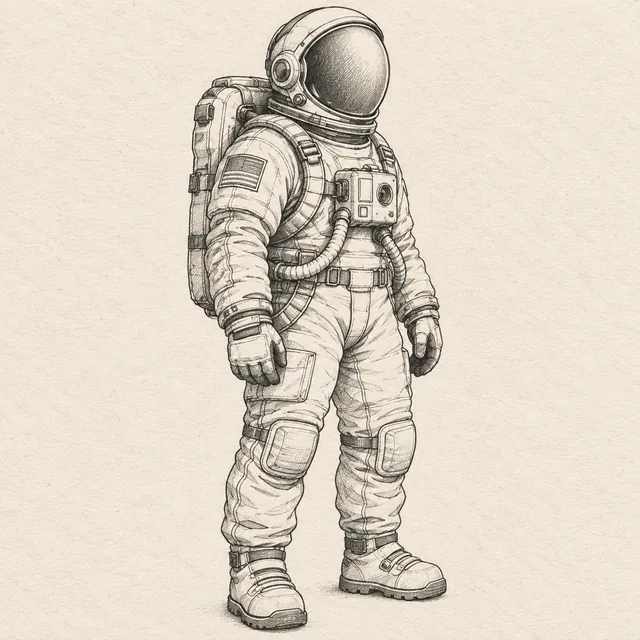 Astronaut drawn in black and gray fineliner on pale cream textured sketchbook paper, with a complete silhouette and open margins.