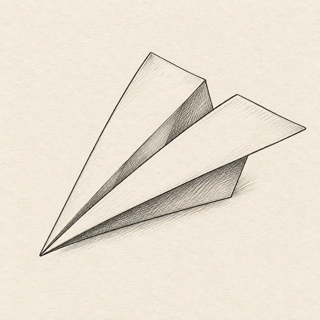 Paper airplane drawn in black and gray fineliner on pale cream textured sketchbook paper, with a complete silhouette and open margins.
