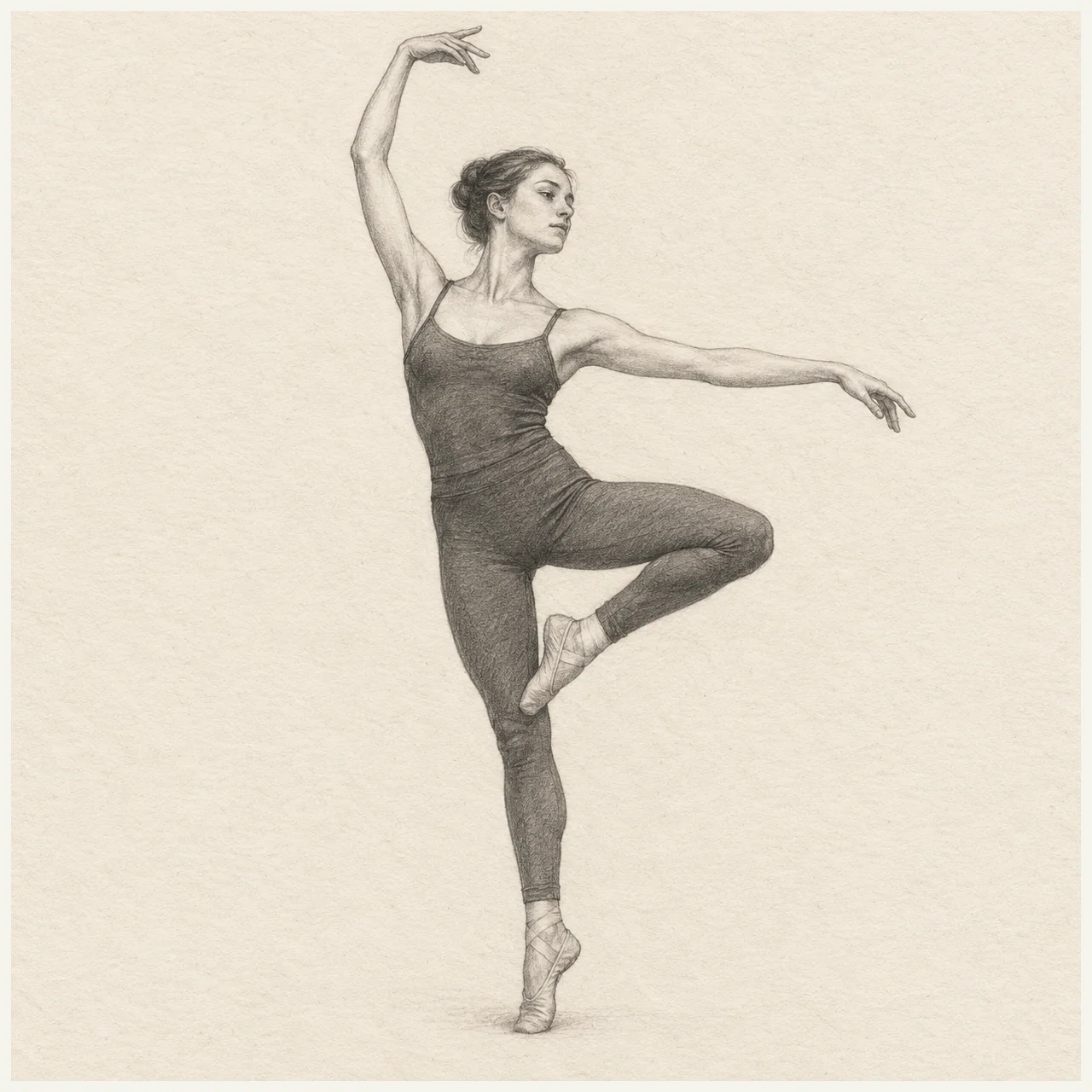Dancer drawn in black and gray pencil on pale cream textured sketchbook paper, with a complete silhouette and open margins.