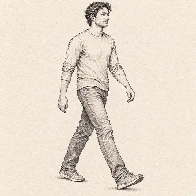 Walking person drawn in black and gray fineliner on pale cream textured sketchbook paper, with a complete silhouette and open margins.