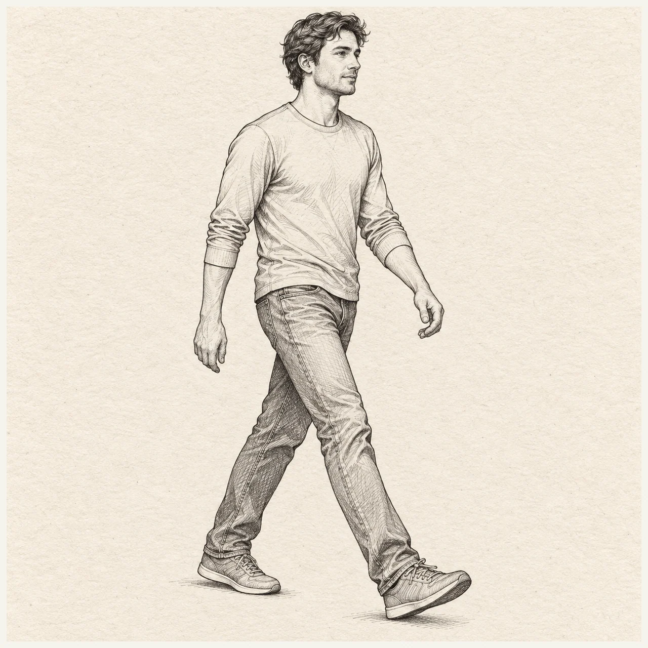 Walking person drawn in black and gray fineliner on pale cream textured sketchbook paper, with a complete silhouette and open margins.