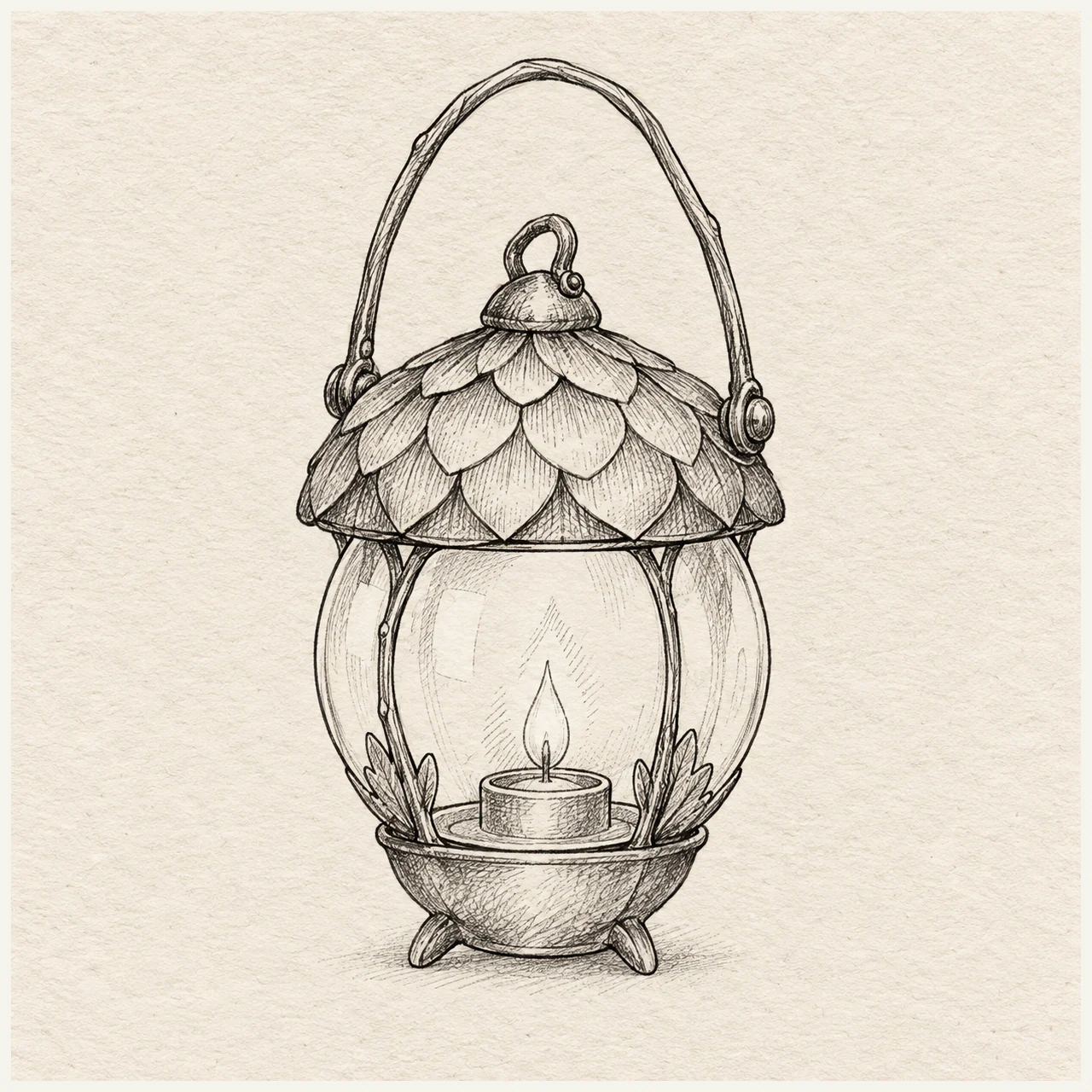Fairy lantern drawn in black and gray fineliner on pale cream textured sketchbook paper, with a complete silhouette and open margins.