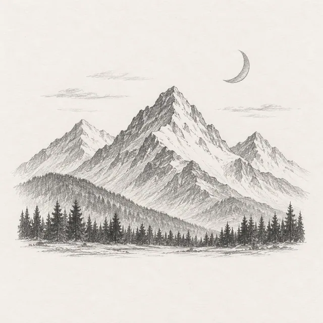 A pencil landscape of layered mountain peaks, a crescent moon, and pine trees at their base.