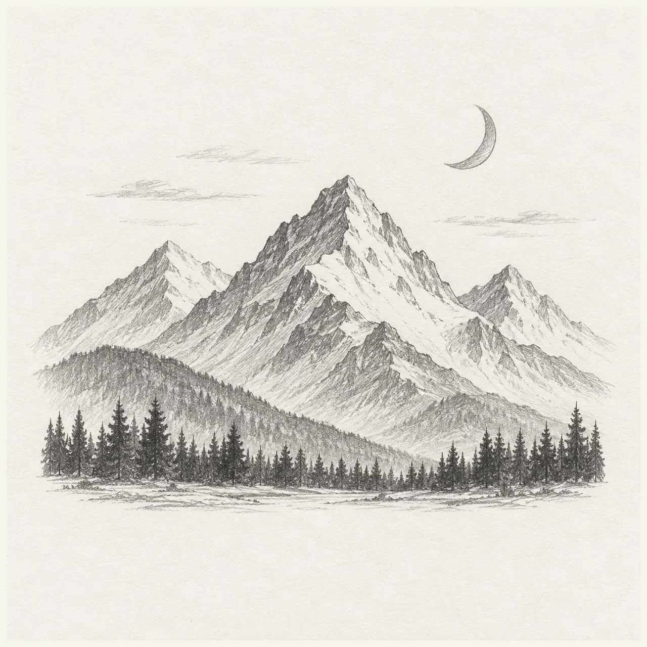 A pencil landscape of layered mountain peaks, a crescent moon, and pine trees at their base.