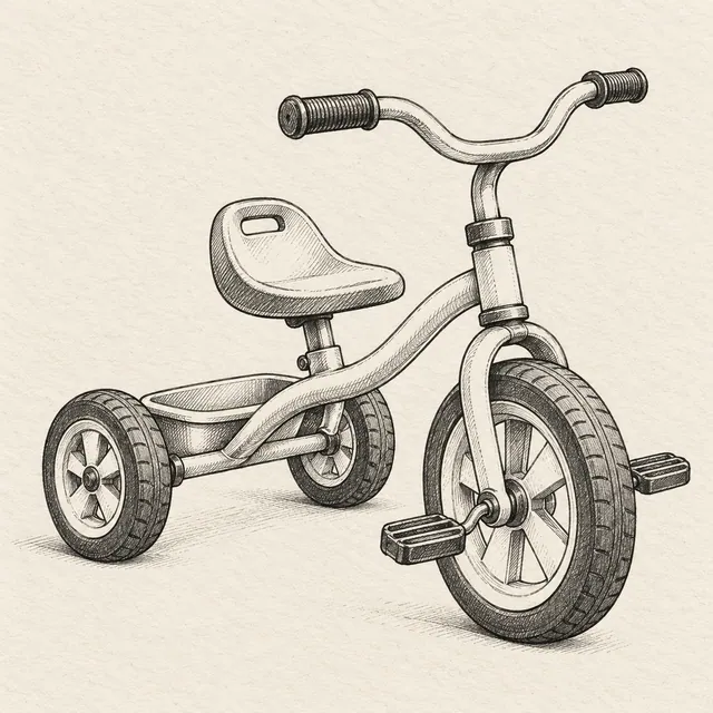 Tricycle drawn in black and gray fineliner on pale cream textured sketchbook paper, with a complete silhouette and open margins.
