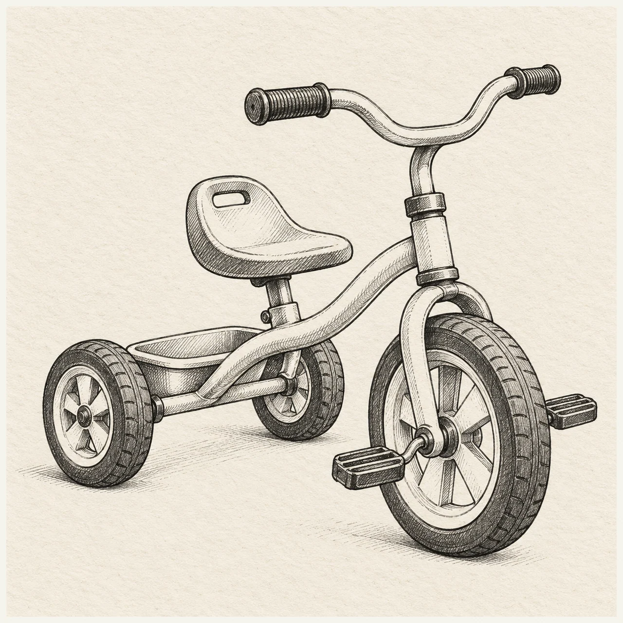 Tricycle drawn in black and gray fineliner on pale cream textured sketchbook paper, with a complete silhouette and open margins.