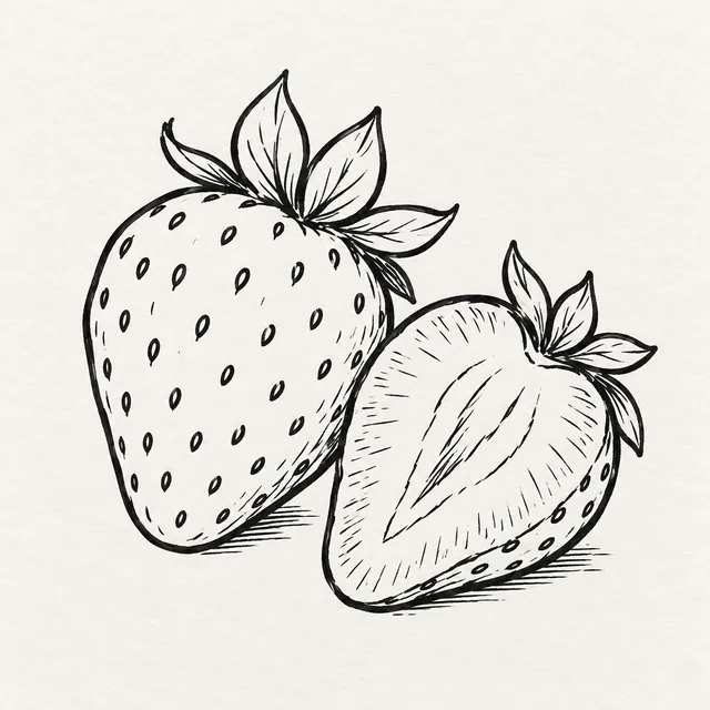 Two strawberries, one whole and one sliced, drawn in black marker with leafy tops and small seeds.
