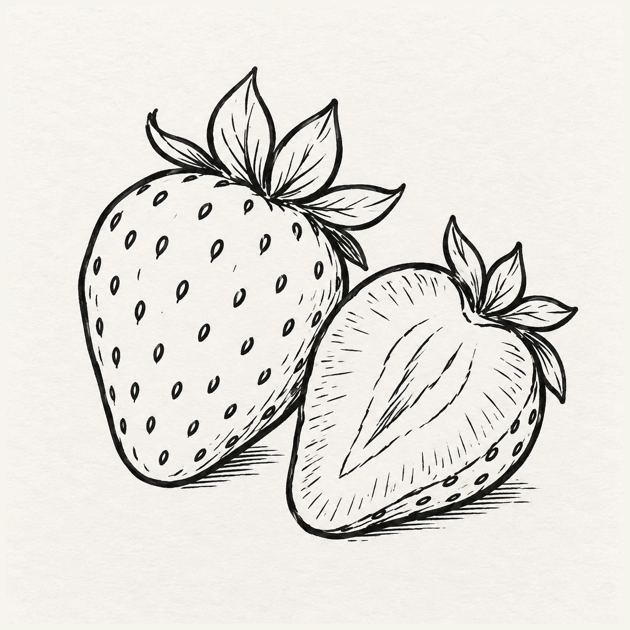 Two strawberries, one whole and one sliced, drawn in black marker with leafy tops and small seeds.