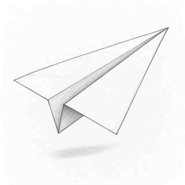 Pencil drawing of a folded paper airplane in three-quarter view with clear triangular wings and a lightly shaded underside.