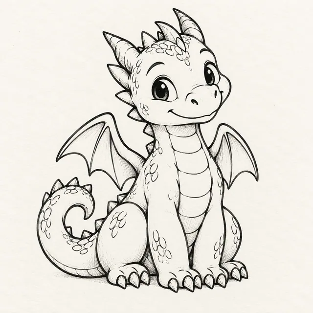 A friendly sitting baby dragon with small wings, a rounded snout, and a curled tail in black marker.