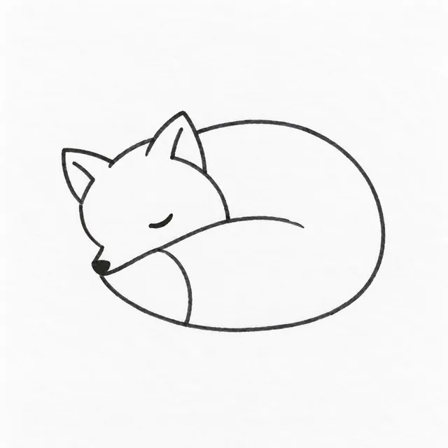 A curled sleeping fox in simple black marker outlines, with pointed ears, a closed eye, and a tail wrapped around its body.