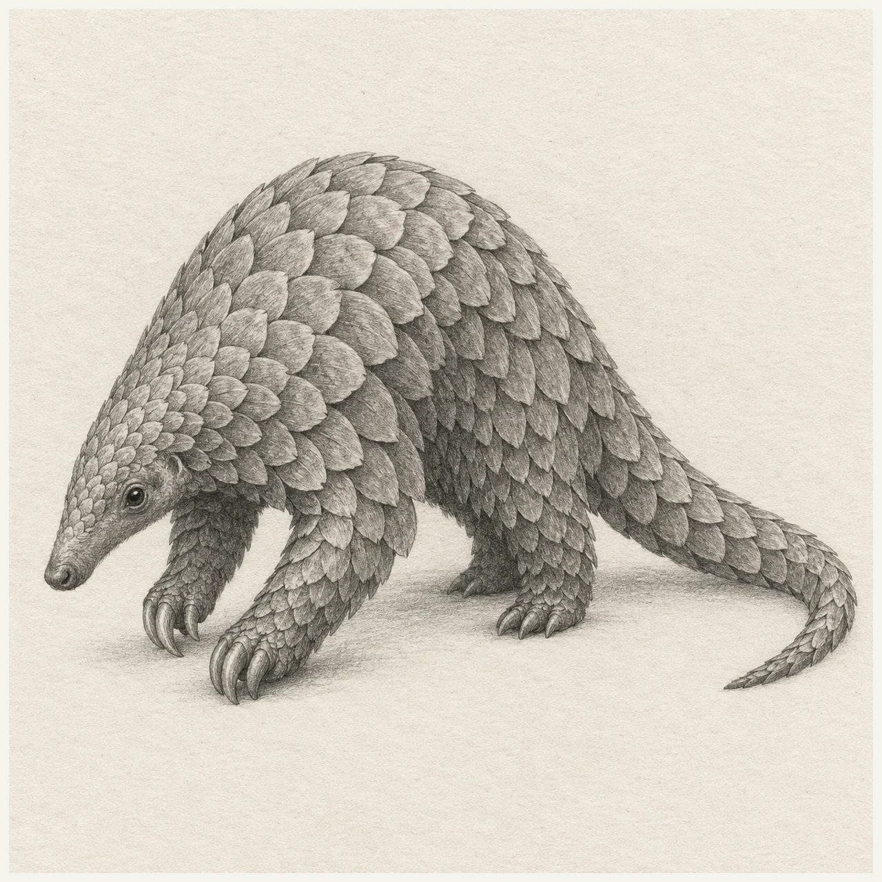Detailed pencil drawing of a pangolin with overlapping scales, four short limbs and a curved tail on textured paper.
