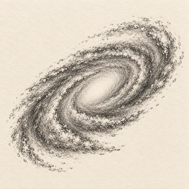 Spiral galaxy drawn in black and gray fineliner on pale cream textured sketchbook paper, with a complete silhouette and open margins.