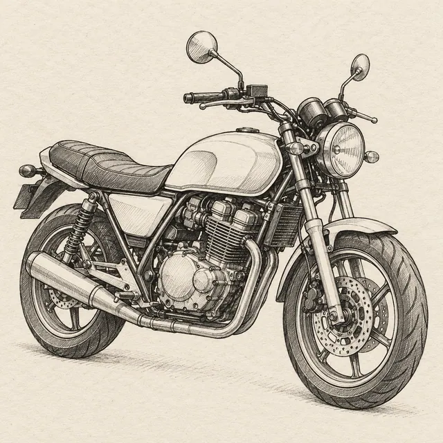 Motorcycle drawn in black and gray fineliner on pale cream textured sketchbook paper, with a complete silhouette and open margins.