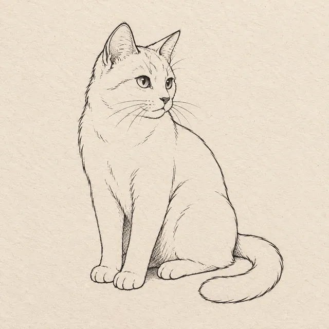 A seated cat in three-quarter view, triangular ears, two forelegs and a complete tail curving beside the body. Black and gray fineliner drawing on warm textured sketchbook paper.
