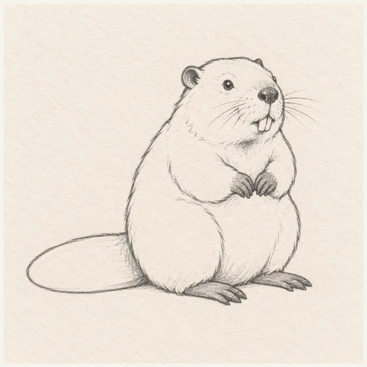 Graphite pencil drawing of a seated beaver with two front teeth, simple whiskers, small forepaws and a wide flat tail on pale textured sketchbook paper.