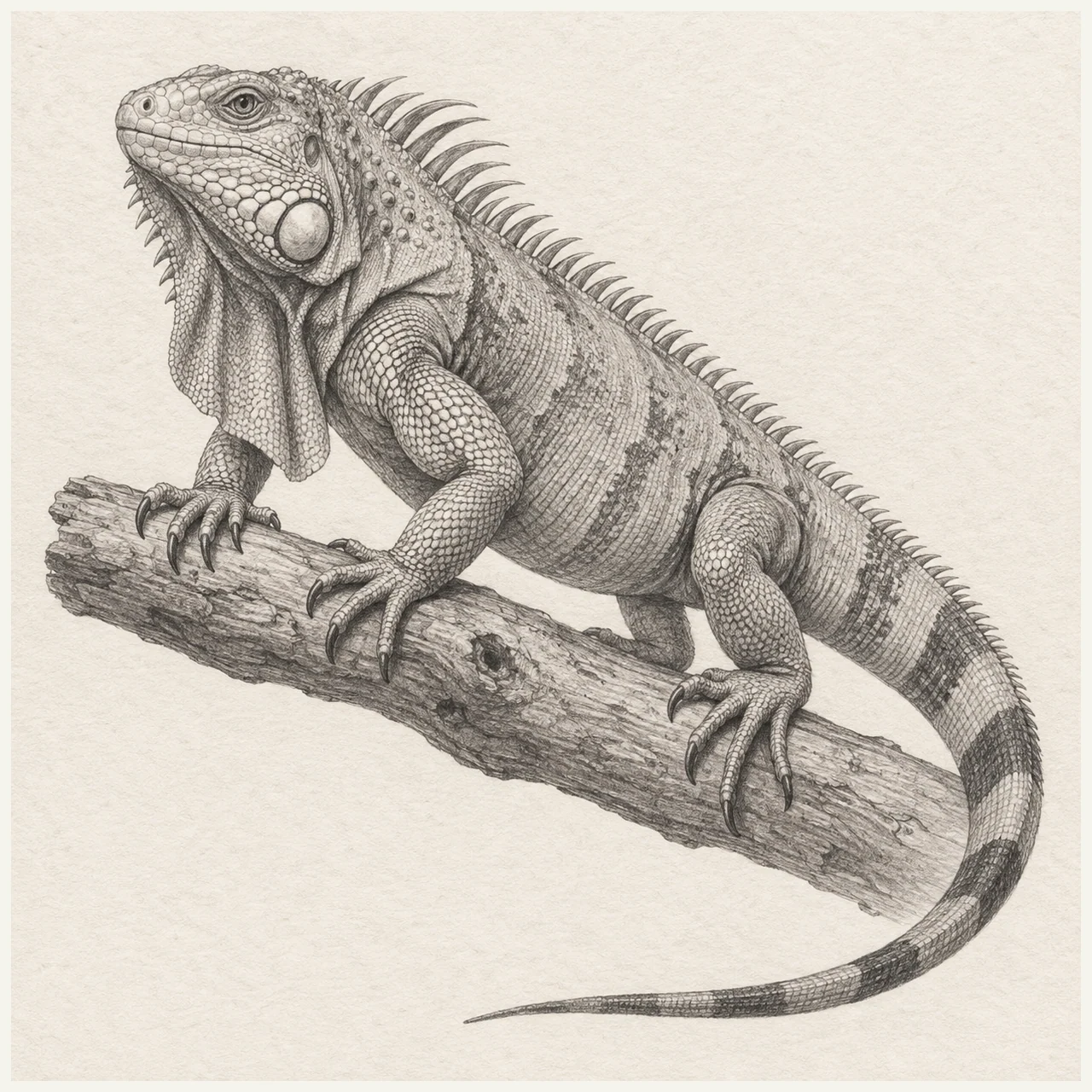 Detailed graphite drawing of an iguana gripping a branch, with articulated legs, a dewlap, dorsal spines, scales and a long tail on textured paper.