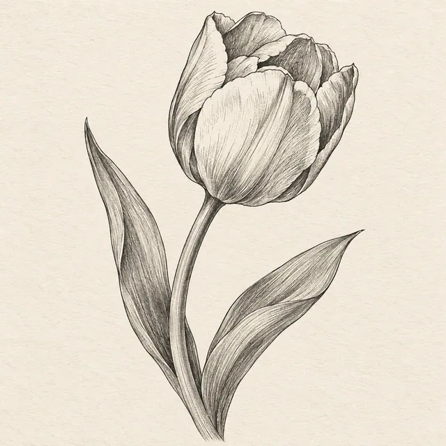 One tulip flower in three-quarter view on a curved stem with two long leaves and overlapping cup-shaped petals. Black and gray fineliner drawing on warm textured sketchbook paper.