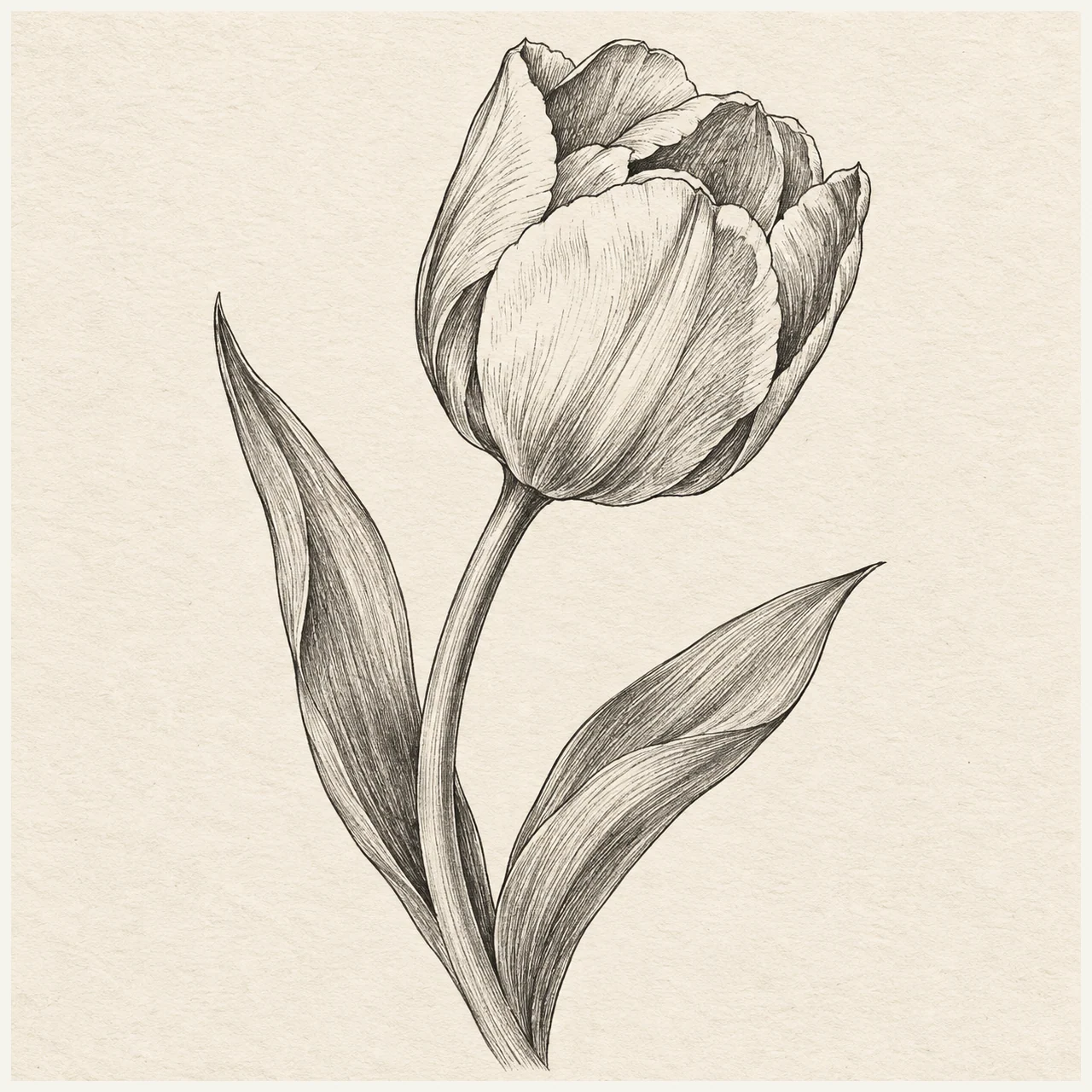 One tulip flower in three-quarter view on a curved stem with two long leaves and overlapping cup-shaped petals. Black and gray fineliner drawing on warm textured sketchbook paper.