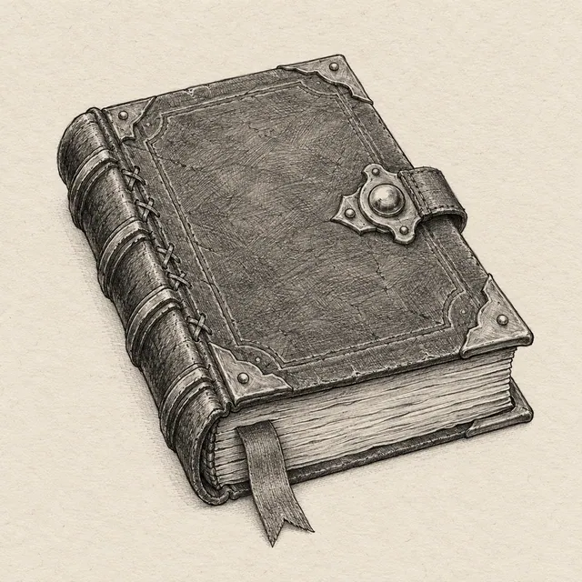 Spellbook drawn in black and gray fineliner on pale cream textured sketchbook paper, with a complete silhouette and open margins.