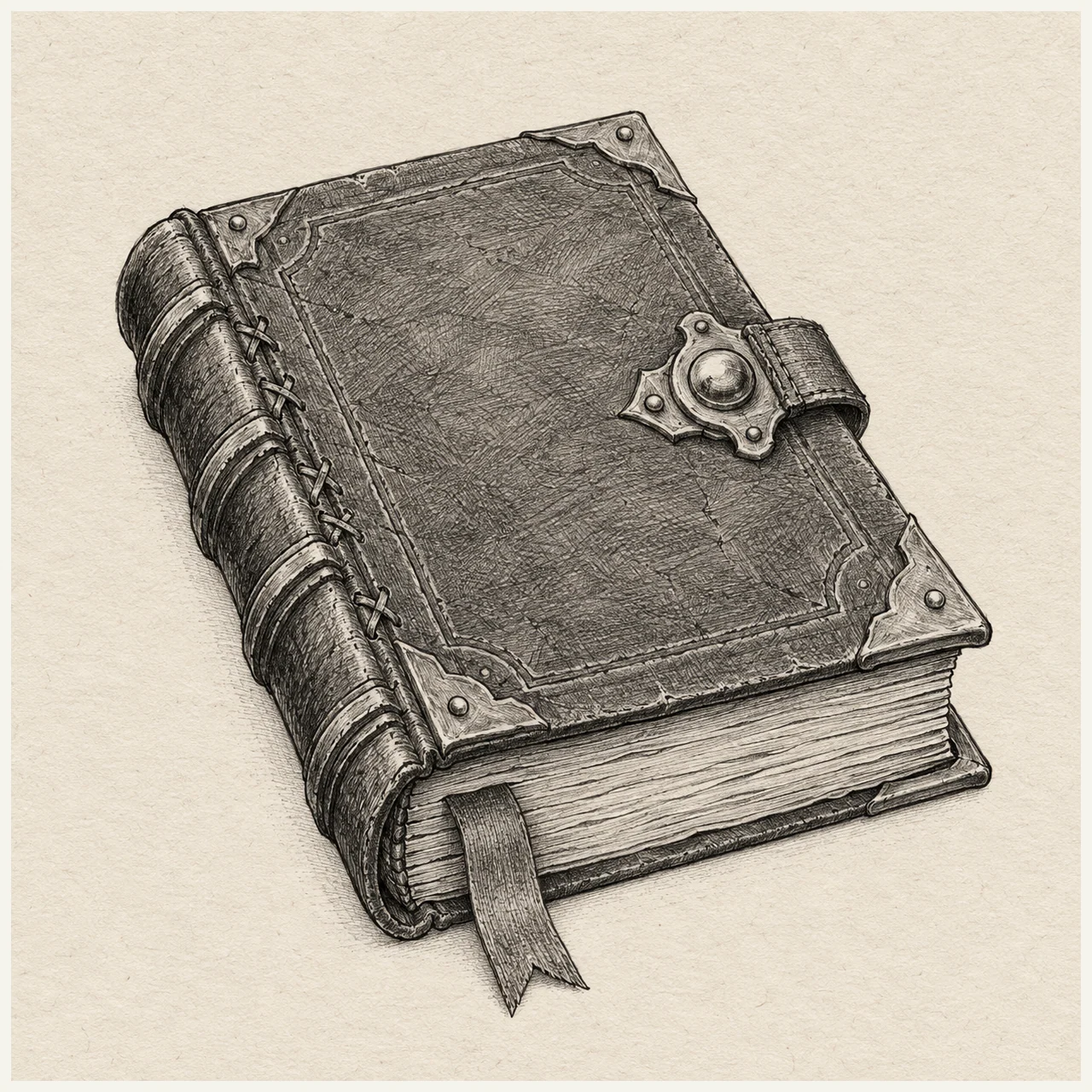 Spellbook drawn in black and gray fineliner on pale cream textured sketchbook paper, with a complete silhouette and open margins.