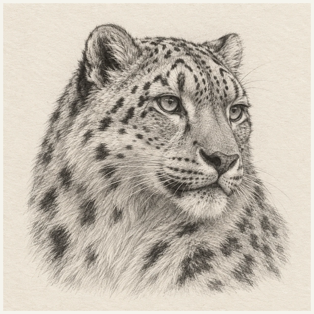 Detailed pencil drawing of a snow leopard’s head and thick spotted neck fur on textured paper.