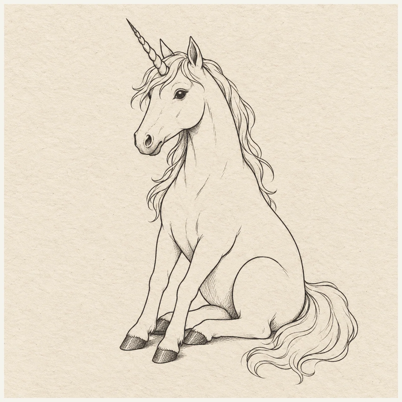 Unicorn drawn in black and gray fineliner on pale cream textured sketchbook paper, with a complete silhouette and open margins.
