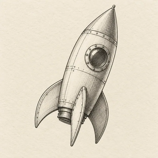 Rocket drawn in black and gray fineliner on pale cream textured sketchbook paper, with a complete silhouette and open margins.
