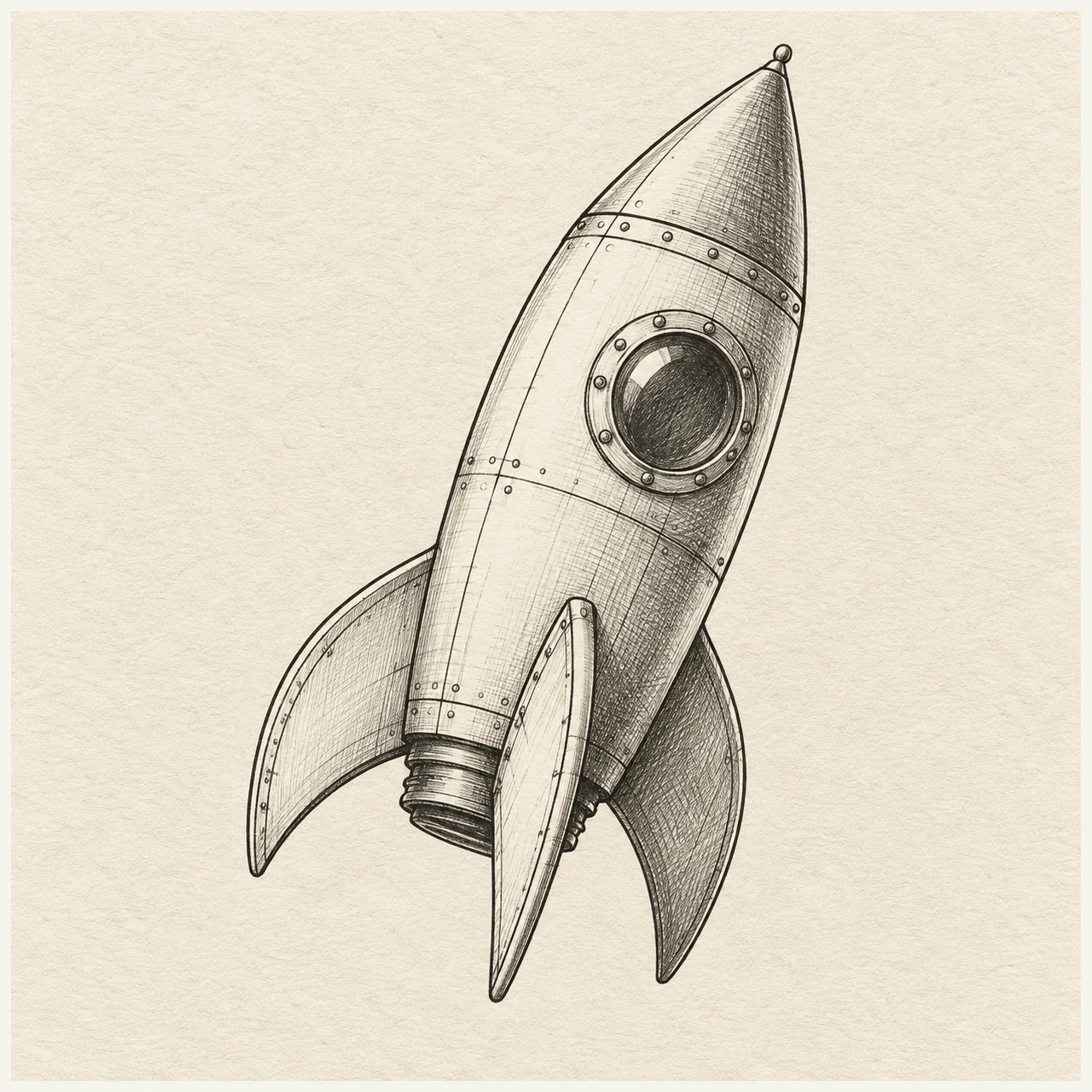 Rocket drawn in black and gray fineliner on pale cream textured sketchbook paper, with a complete silhouette and open margins.