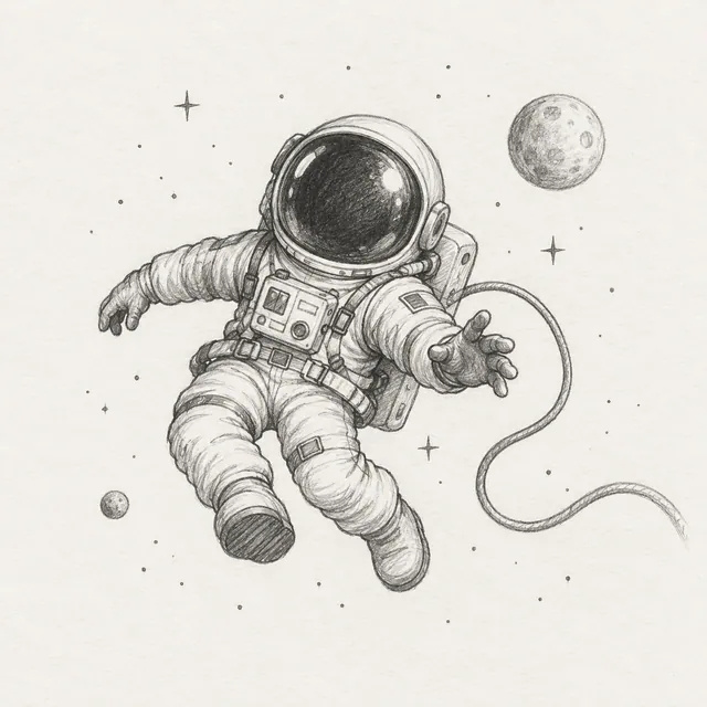 A pencil astronaut floating in space with a round helmet, backpack, and a curling tether.