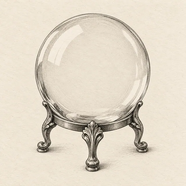 Crystal ball drawn in black and gray fineliner on pale cream textured sketchbook paper, with a complete silhouette and open margins.