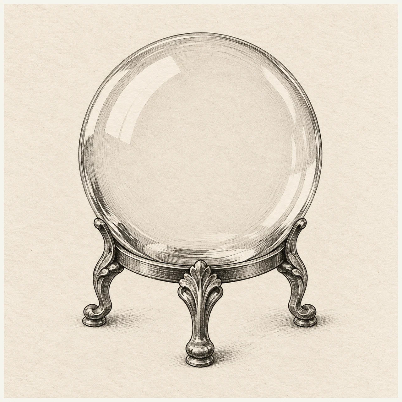 Crystal ball drawn in black and gray fineliner on pale cream textured sketchbook paper, with a complete silhouette and open margins.