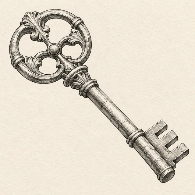 Magic key drawn in black and gray fineliner on pale cream textured sketchbook paper, with a complete silhouette and open margins.