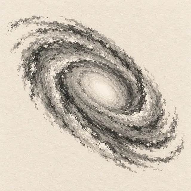 Spiral galaxy drawn in black and gray marker on pale cream textured sketchbook paper, with a complete silhouette and open margins.