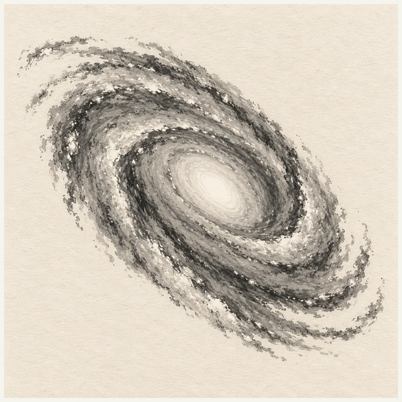 Spiral galaxy drawn in black and gray marker on pale cream textured sketchbook paper, with a complete silhouette and open margins.