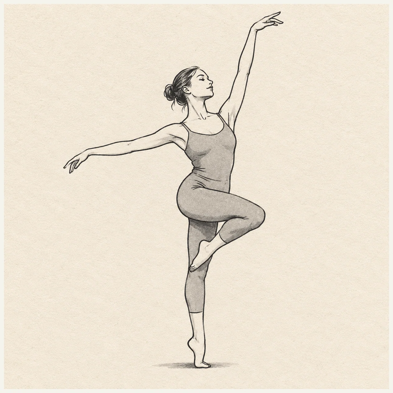 Dancer drawn in black and gray marker on pale cream textured sketchbook paper, with a complete silhouette and open margins.