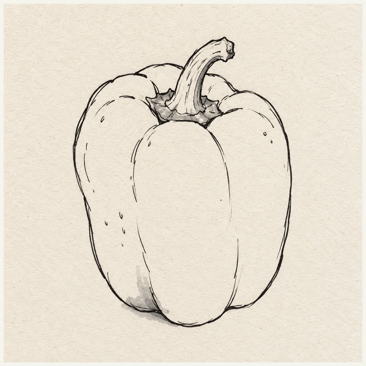 Black marker sketch of a whole bell pepper with broad rounded lobes, a bent stem, sparse surface marks, and limited gray accents on textured off-white paper.