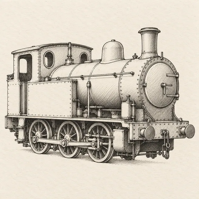 Steam locomotive drawn in black and gray fineliner on pale cream textured sketchbook paper, with a complete silhouette and open margins.