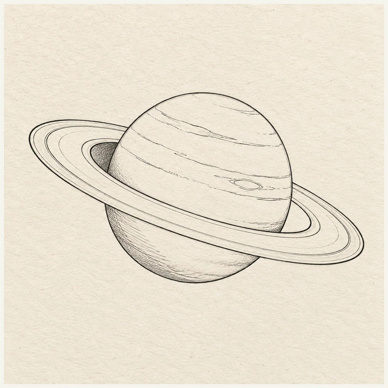 Saturn drawn in black and gray fineliner on pale cream textured sketchbook paper, with a complete silhouette and open margins.