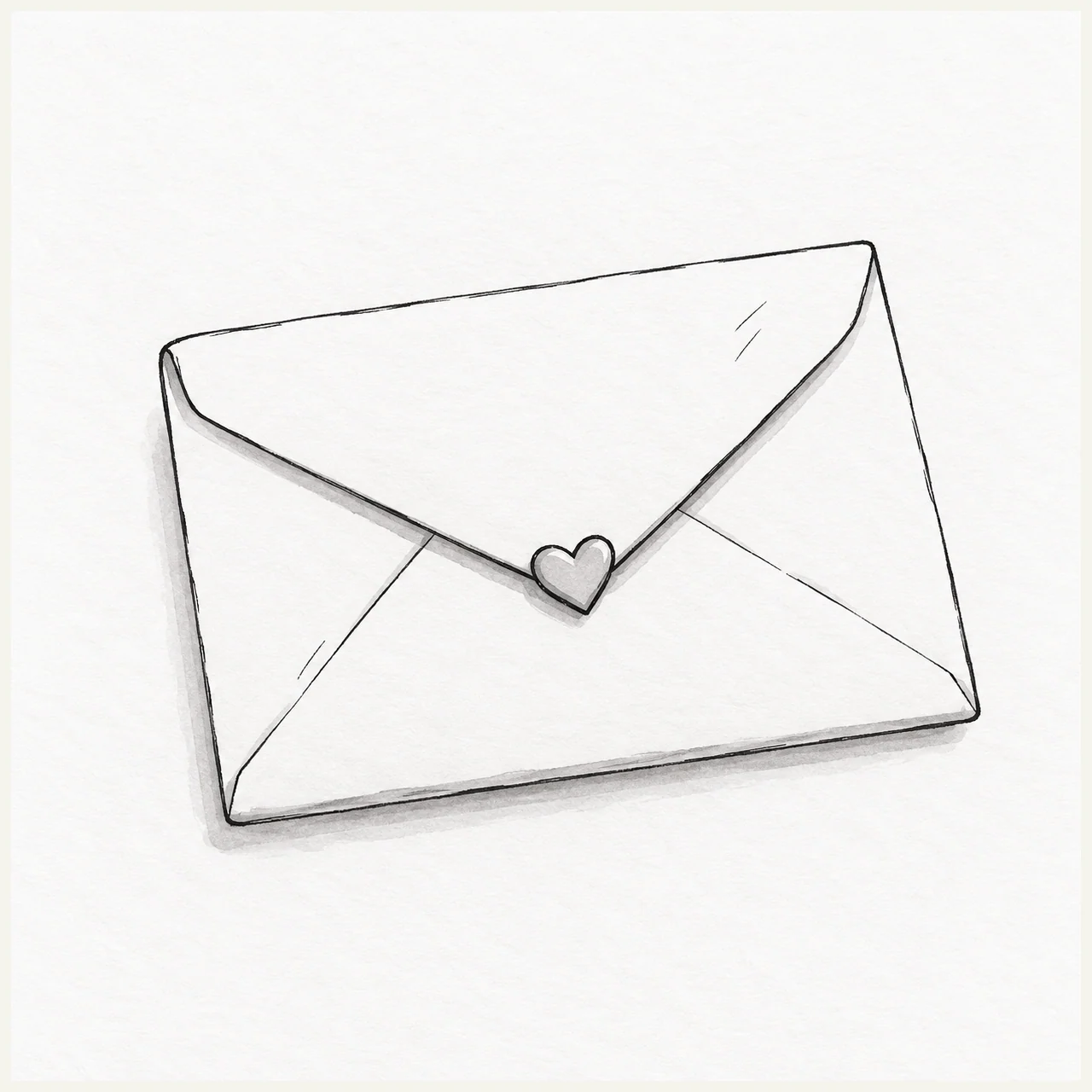 Black marker sketch of an angled closed envelope with triangular folds, a small heart seal, a narrow lower edge, and gray shadows beneath the flap.