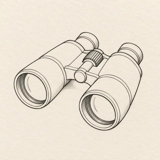 One pair of binoculars in three-quarter view with two connected barrels, two eyepieces and a central bridge. Black and gray fineliner drawing on warm textured sketchbook paper.