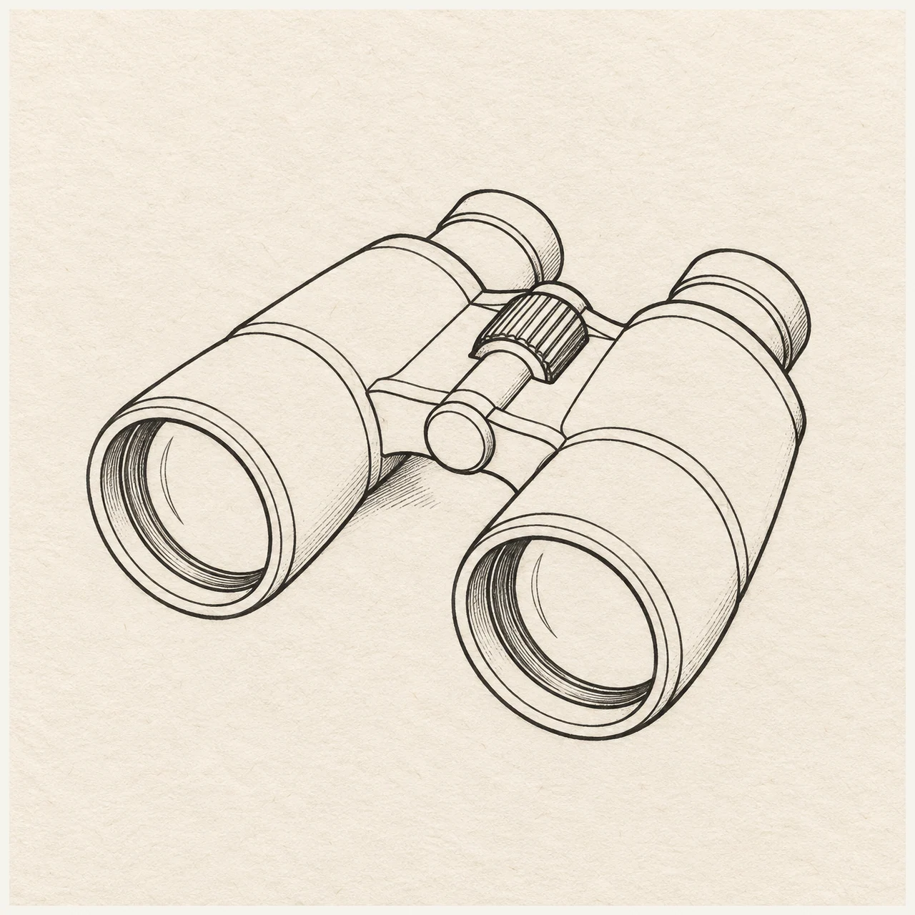One pair of binoculars in three-quarter view with two connected barrels, two eyepieces and a central bridge. Black and gray fineliner drawing on warm textured sketchbook paper.