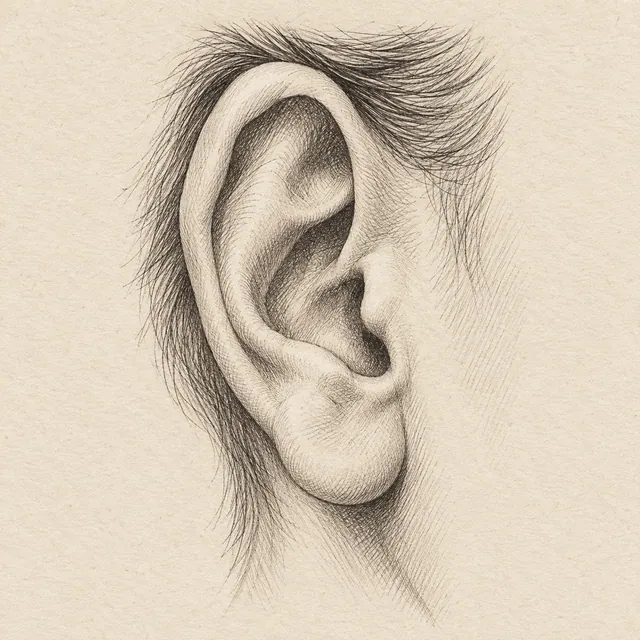 Human ear drawn in black and gray fineliner on pale cream textured sketchbook paper, with a complete silhouette and open margins.